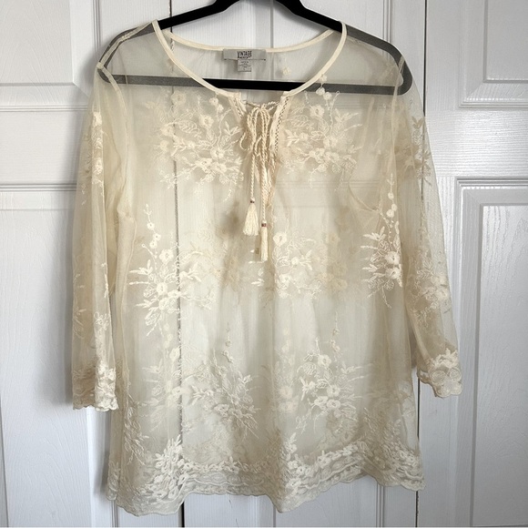 Vintage America Blues Womens Mona Embroidered Mesh Top Lace Up Sz L Sheer Lace - Picture 1 of 9